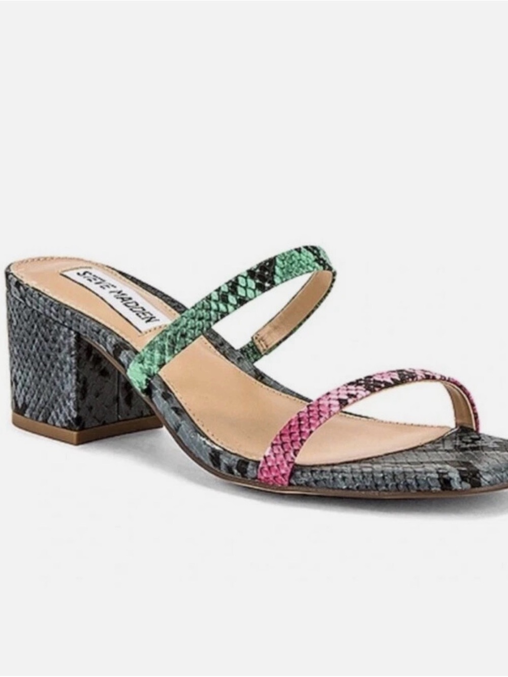 Steve Madden Pink & Green Snake-Print Block Heel Mule Size 6.5